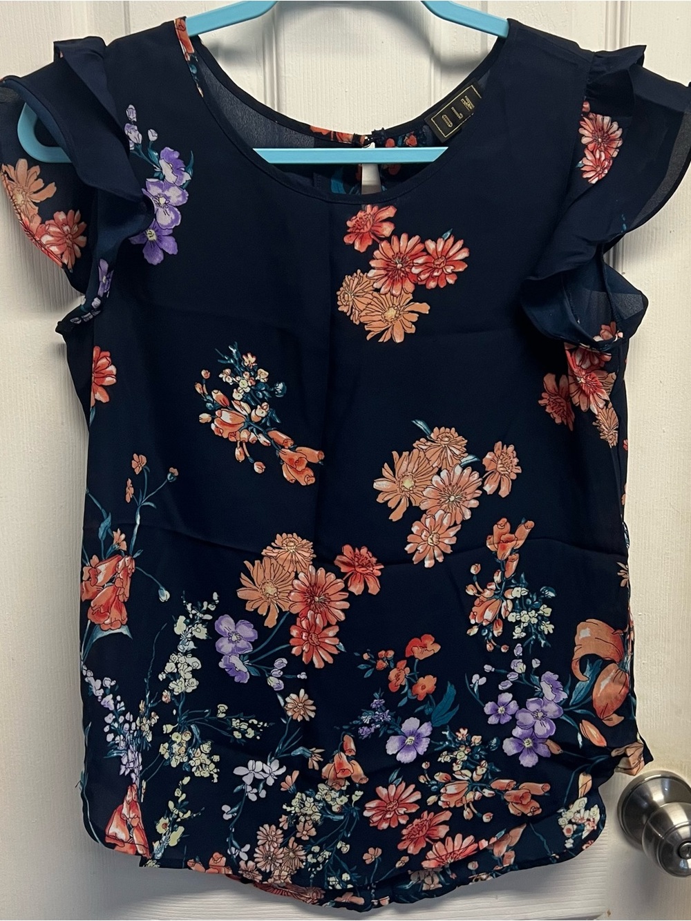 Olivia Moon Navy Floral Ruffle Sleeve Blouse